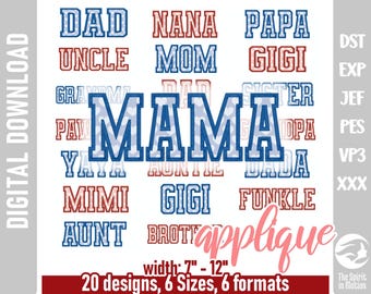 May include: Digital download graphic with text designs including "MAMA", "DAD", "UNCLE", and more. The designs are in red and blue, with a white background. The text "applique" is in pink.