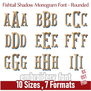 May include: A digital embroidery font set featuring the Fishtail Shadow Monogram design. The set includes the letters A through I, in 10 sizes ranging from 1.5" to 4.0" high. The font is available in 7 formats, with the text "embroidery font" and "10 Sizes, 7 Formats".