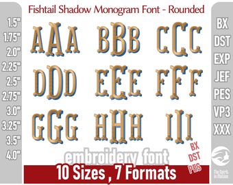 Czcionka do haftu monogramu Shadow Fishtail | Trzyliterowe zaokrąglone inicjały szeryfowe do haftu maszynowego | Formaty obejmują PES, BX, DST