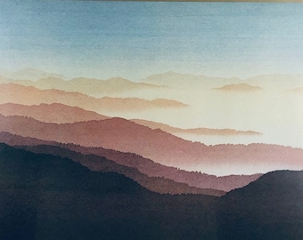 Untitled mountain range sunrise loaming - watercolor lithograph (A. Drugin)