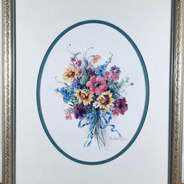Flower bouquet w/blue ribbon - watercolor print (Barbara Mock)