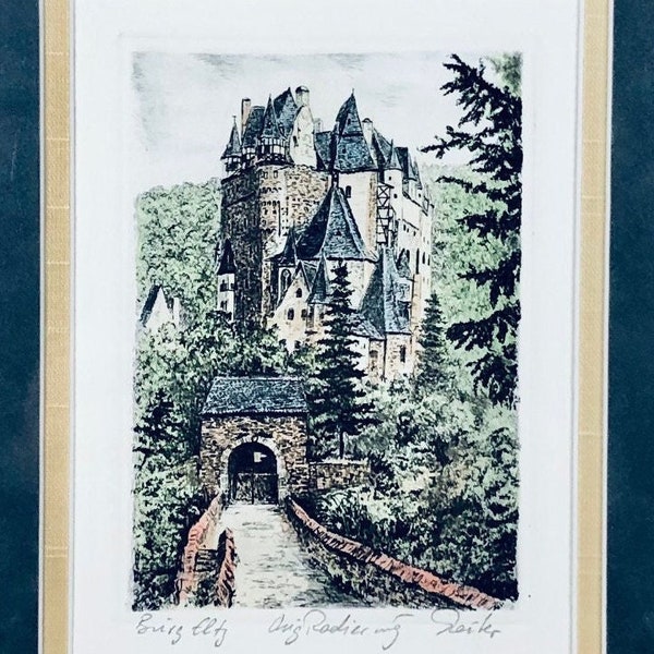 Burg Eltz - bleistiftsigniert und betitelt Original, handgefärbte Radierung (Deiker)