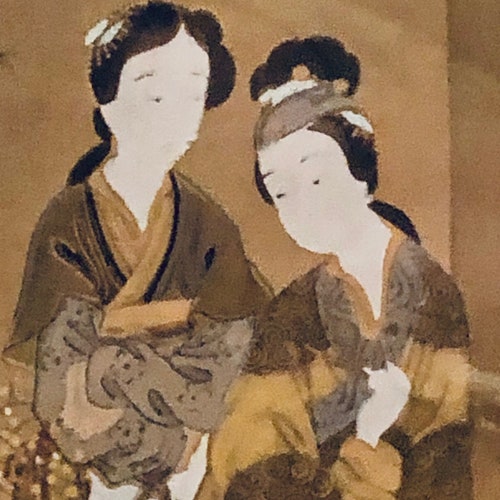 Asian shops mother with toddler and child, untitled - ink on fabric
