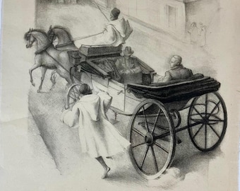 20th-century Moroccan carriage - signed, original pencil and paper (Mariano Andreu Estany)