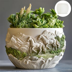 May include: A cream-coloured ceramic plant pot featuring a sculpted relief of running horses and mountain scenery. The pot is filled with green succulents and wheat-like plants, creating a decorative and natural aesthetic.