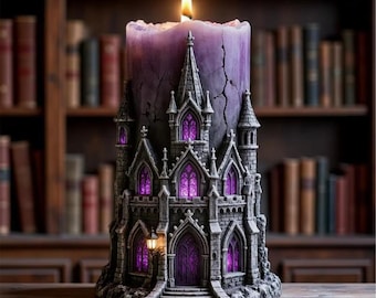 May include: A burning purple candle sculpted as a gothic castle, featuring glowing purple windows and a detailed stone facade. The candle is on a wooden surface, with a blurred bookshelf in the background.