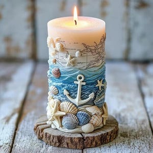 Puede incluir: Una vela de pilar encendida con temática náutica. La vela presenta un diseño de mapa, olas del océano, un ancla, conchas marinas y estrellas de mar. Se coloca sobre una base de madera, creando un ambiente costero. La vela es de color marfil con detalles en azul y blanco.