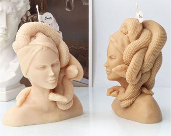 Stampo in silicone per statua a forma di testa di Medusa: ritratto 3D di donna serpente, stampo in gesso per candela.