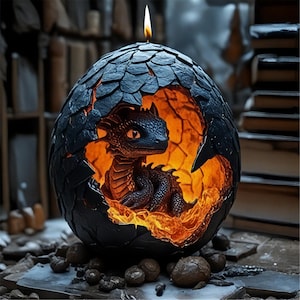 May include: A black dragon egg candle with a baby dragon emerging from the cracked shell. The interior glows with an orange light, and a lit wick sits atop the egg. The candle is surrounded by small, dark stones.