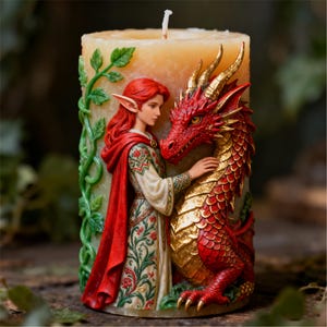 Puede incluir: Vela cilíndrica con un relieve detallado de una elfa pelirroja con capa roja y un dragón rojo. El dragón tiene detalles dorados. Enredaderas verdes con hojas envuelven la vela. La vela es de color beige claro.