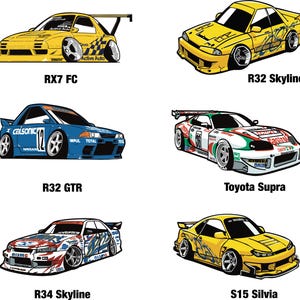 May include: A collection of six stylized car illustrations featuring an RX7 FC, R32 Skyline, R32 GTR, Toyota Supra, R34 Skyline, and S15 Silvia. Each vehicle is depicted with exaggerated proportions, racing decals, and specific model names printed below.