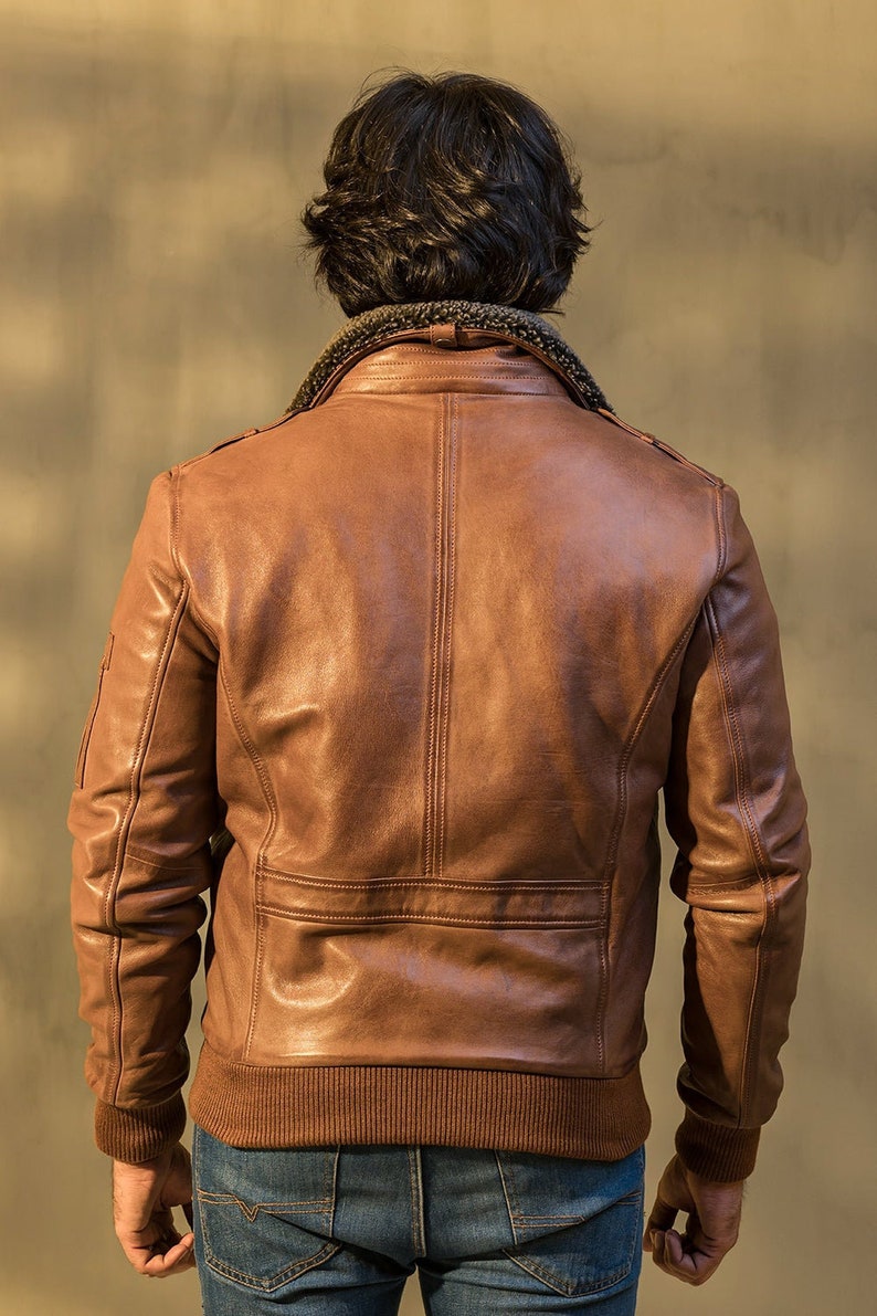 Leather Jacket Men Cognac Leather Jacket Removable Collar Etsy