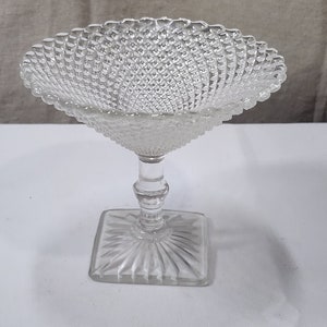 May include: A clear glass candy dish with a scalloped edge and a textured, raised pattern. The dish sits on a square base with a similar textured pattern.