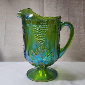 Vintage Iridescent Green Carnival Glass Pitcher Indiana Harvest Grape Vine