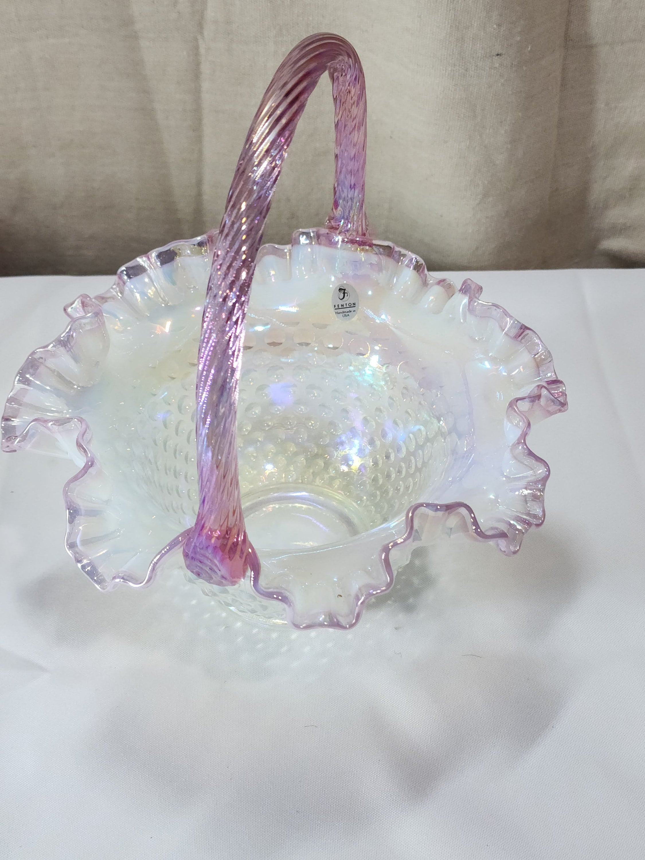 Fenton Hobnail Easter Basket French Opalescent W/ Dusty Rose picture