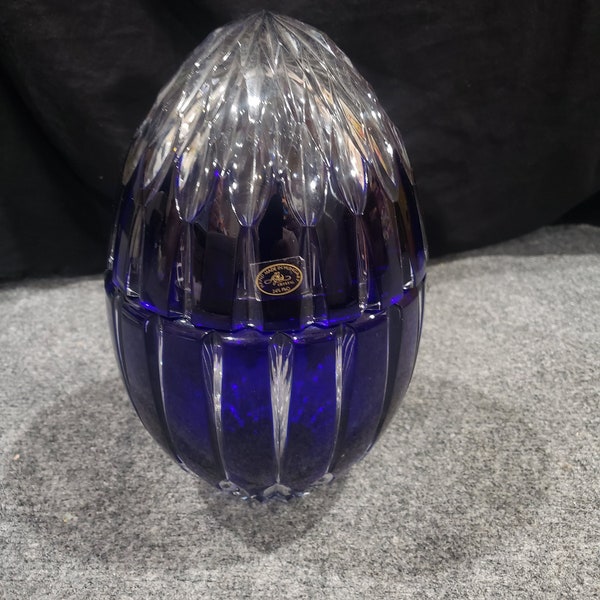 Vintage Ajka Castille Alberga Crystal Cobalt Blue Clear To Cut 10” Tall Egg