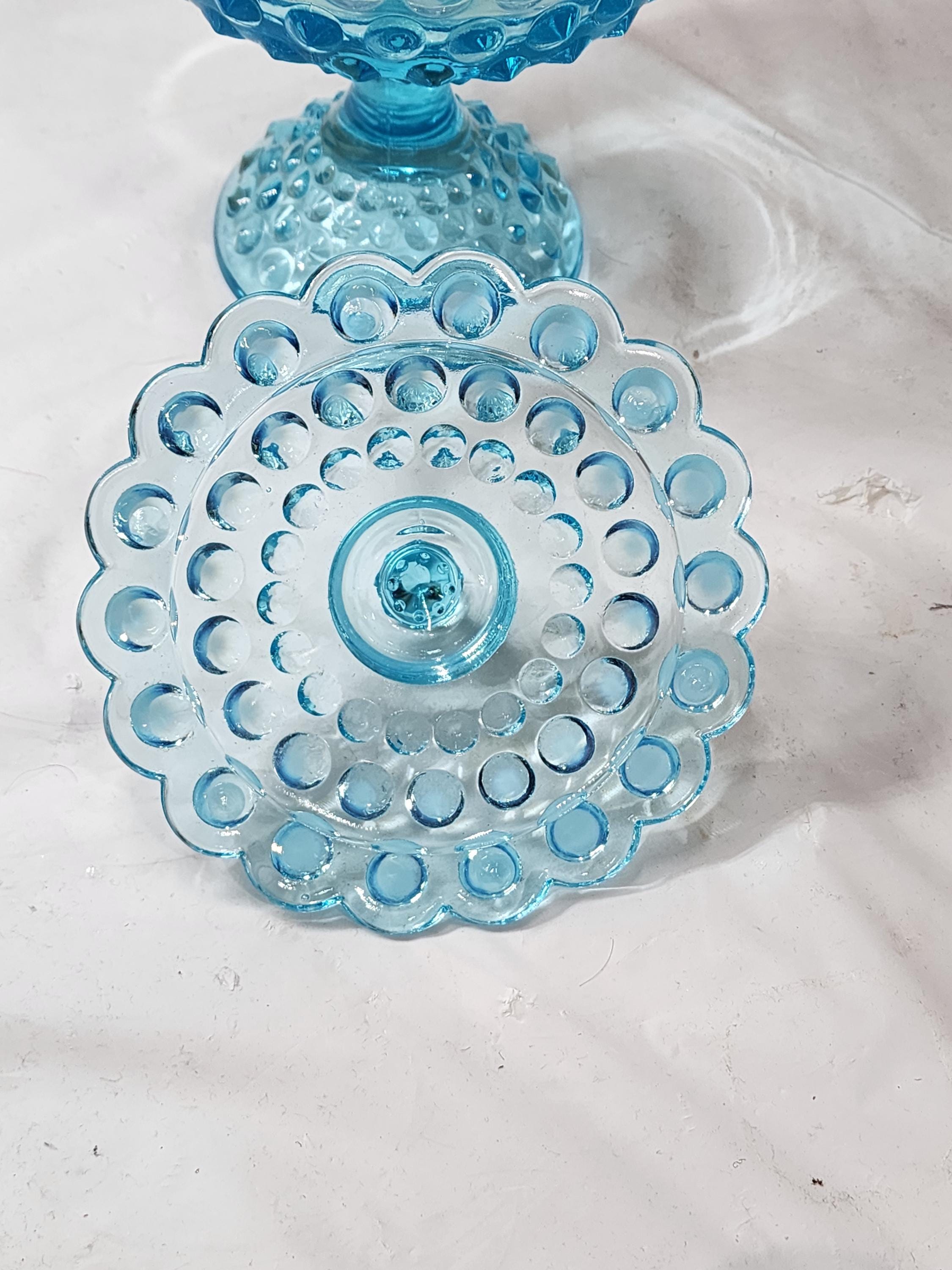 Vintage Fenton Glass Blue OPALESCENT HOBNAIL FOOTED Covered