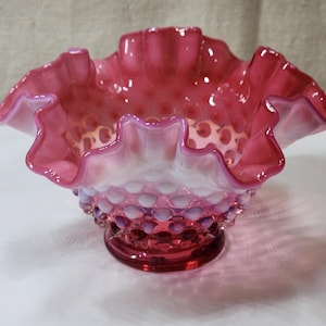 Vintage Fenton Cranberry Hobnail Opalescent Ruffled Glass Bowl
