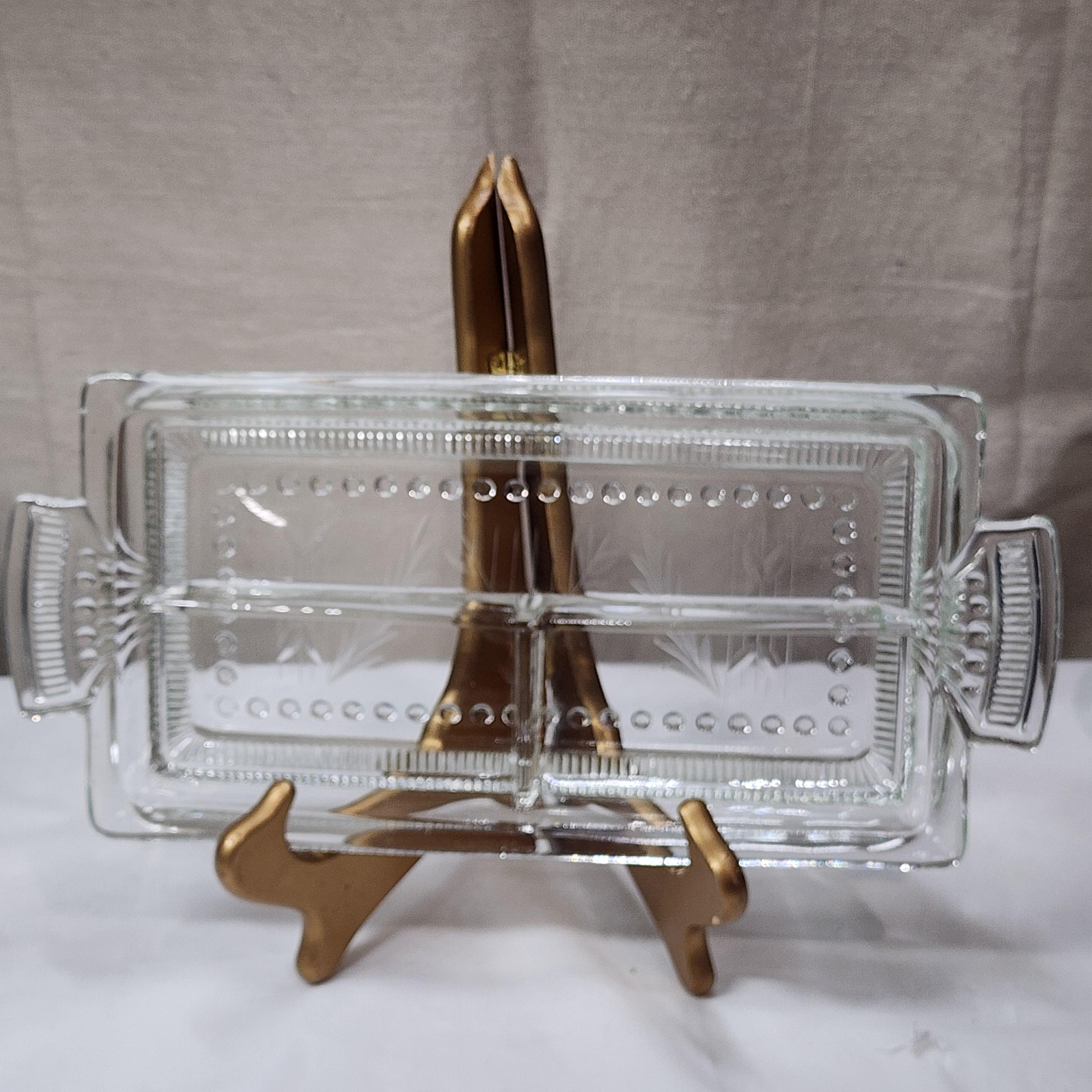 Vintage Glass Etched and Textured 3 Part Relish Dish