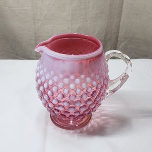 Vintage Fenton Glass Cranberry Hobnail Squat Jug Pitcher Opalescent Pink 3965