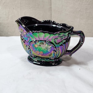 Fenton Amethyst Purple Carnival Glass Hand Painted Creamer