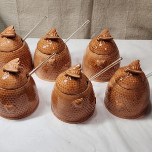 6x Vintage 1970&#39;s Arnel&#39;s Honeybee & Honeycomb Porcelain Retro Honey Jar Small
