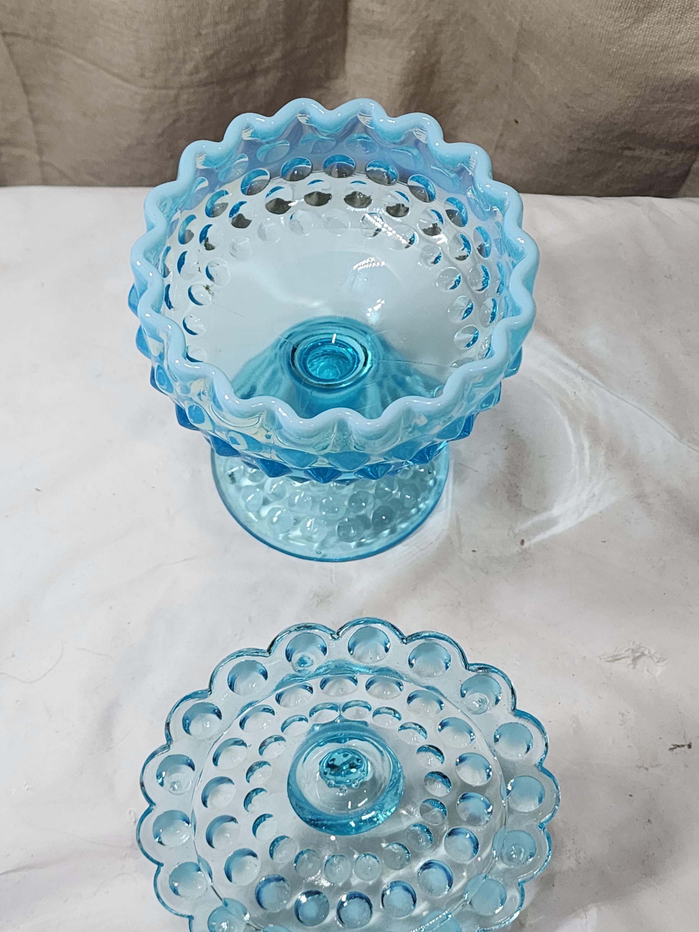 Vintage Fenton Glass Blue OPALESCENT HOBNAIL FOOTED Covered