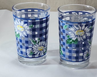 2x  Vintage Daisy and Blue Plaid KIG Indonesia Gingham  Drink Ware Glasses Juice