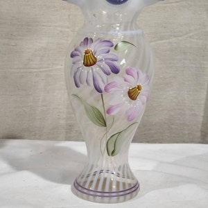 Vintage Fenton Heirloom Optic Vase Opalescent Purple Crest Hand Painted Flowers Signed
