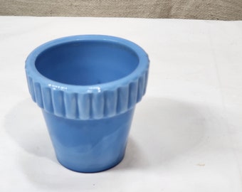 Vintage Blue/White Akro Agate Slag Glass Planter Vase - Ribbed 2 1/2” H