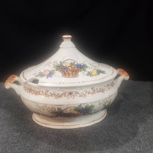 Vintage SOUP TUREEN Harvest Fruit Basket Motif Fall Porcelain Ceramic Japan