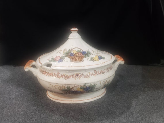 Vintage SOUP TUREEN Harvest Fruit Basket Motif Fall Porcelain Ceramic Japan