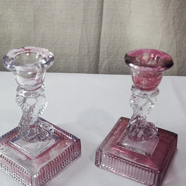 Vintage imperial Glass Dolphin Candlestick Ruby Red Flashing