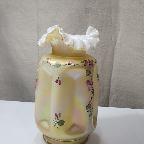 Vintage Fenton Yellow Iridized Pinch Vase , Signed