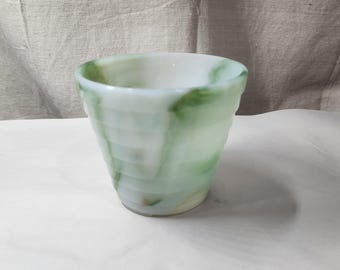 Vintage Akro Agate green/orange Slag Glass Ribbed Pot 4.25”H Made in USA (Glows)