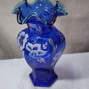 Fenton Celebration Vase Blue/Green crest, 75th Anniversary Hexagonal Vase