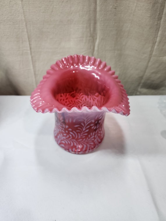 Large Fenton Cranberry Opalescent Daisy & Fern Optic Large Ruffled