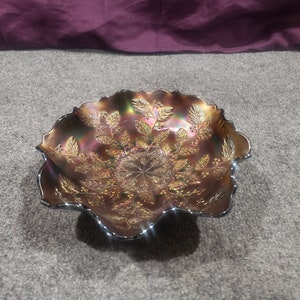 Antique FENTON Carnival  Glass Holly & Berries Blue Bowl 9&quot;