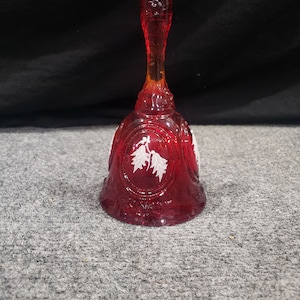 Vintage Hand Painted Fenton Red Glass Bell Christmas Bell Holly Berries signed bell