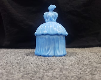 Vintage Akro Agate Glass Blue Slag Colonial Belle Lady Powder Box / Puff Box 6"