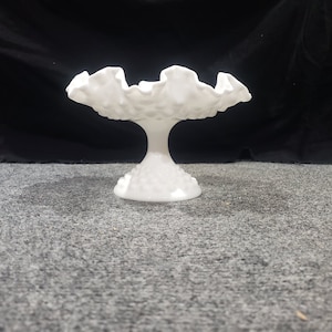 Vintage Fenton Hobnail Milk Glass Compote Pedestal Candy Dish Ruffled Edge 3920