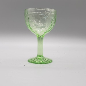 Vintage Green Uranium / Vaseline glass Cameo Ballerina 4” Wine Goblet depression glass