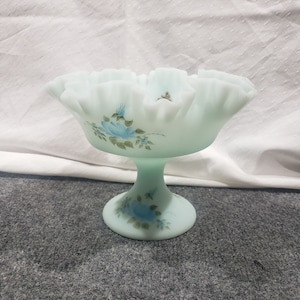 Vintage Fenton Glass Blue Satin Roses Hand Painted Signed Compote Dish Pedestal