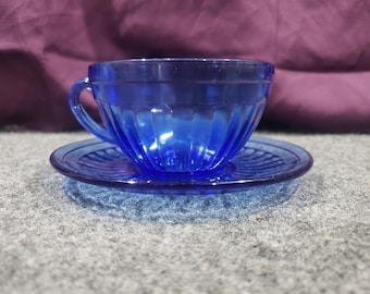 Vintage Hazel Atlas Glass Co. "Aurora" Cobalt Blue Cup and Saucer Set