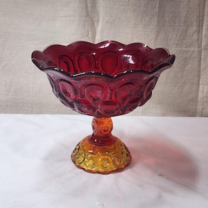 Vintage L.E. Smith Moon and Stars Amberina Glass Scalloped Pedestal Compote Dish