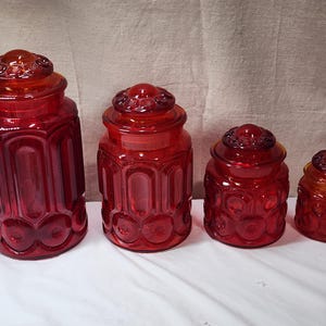 Vintage LE Smith Moon & Stars Red/Orange Amberina Glass Canister Set (As-Is)