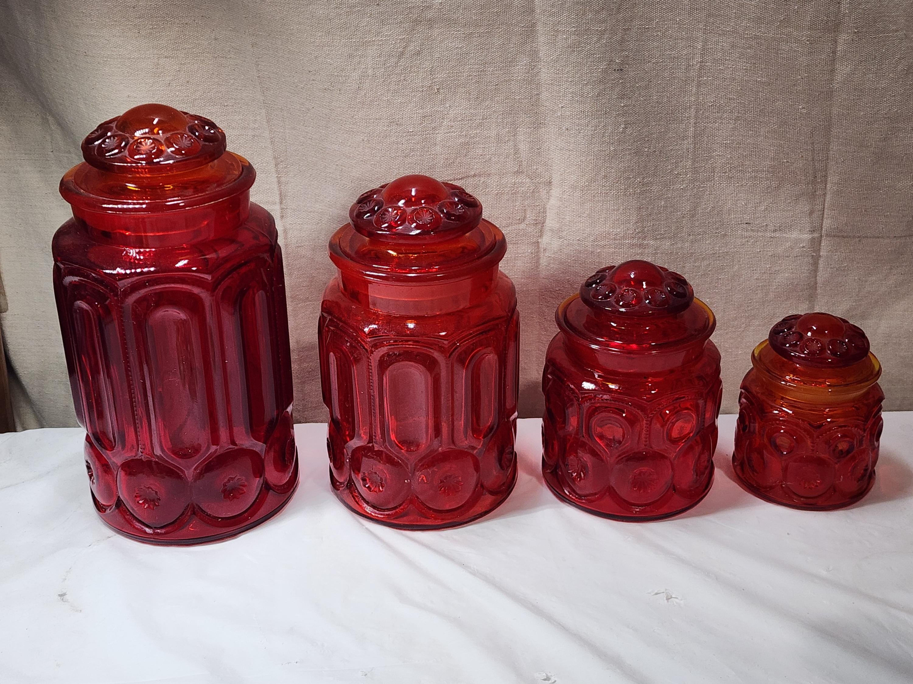 Vintage LE Smith Moon & Stars Red/orange Amberina Glass Canister