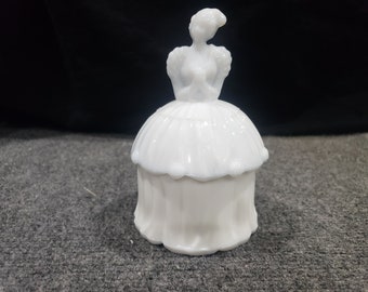 Vintage Akro Agate Glass White Colonial Lady Powder Jar Puff Box / Powder Box