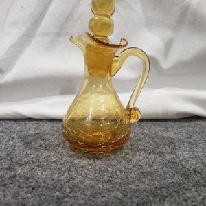 Vintage Yellow Crackle Glass Oil Vinegar Cruet / Decanter w/ Stopper Hand Blown