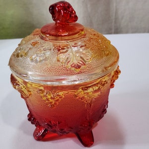 Vintage Jeannette Harvest Grapes Amber Red Carnival Glass Footed Covered Candy